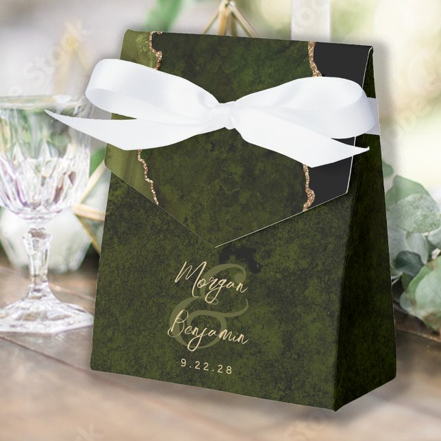 Olive Green Agate Gold Script Wedding Favor Boxes (Creator Uploaded)