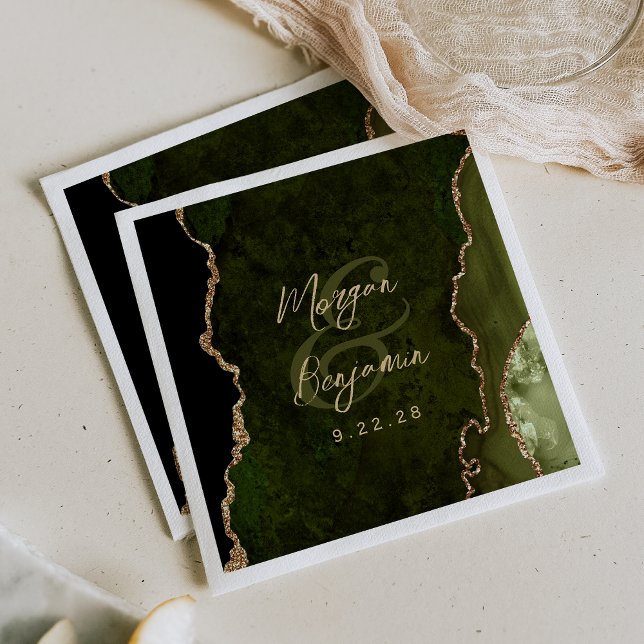 Olive Green Agate Gold Script Wedding Napkins (Creator Uploaded)