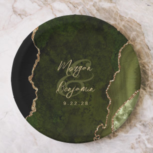 Olive Green Agate Gold Script Wedding Paper Plates