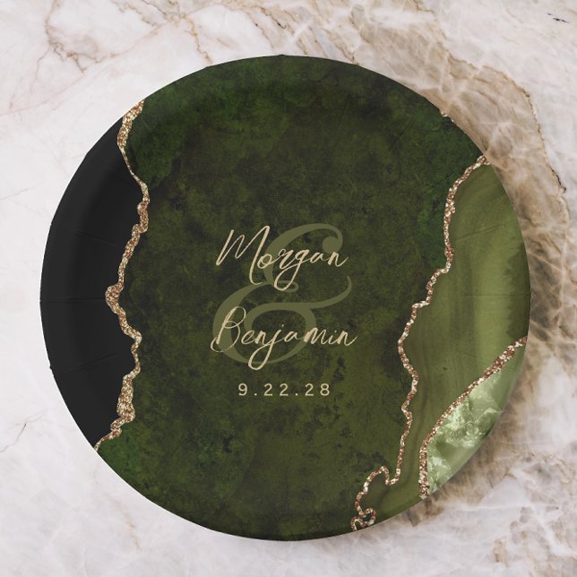 Olive Green Agate Gold Script Wedding Paper Plates (Creator Uploaded)