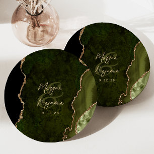 Olive Green Agate Gold Script Wedding Paper Plates