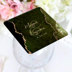 Olive Green Agate Gold Script Wedding Square Paper Coaster