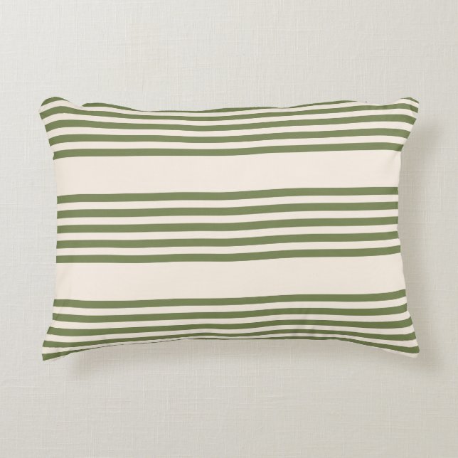 Olive green and beige five stripes pattern accent pillow (Front)