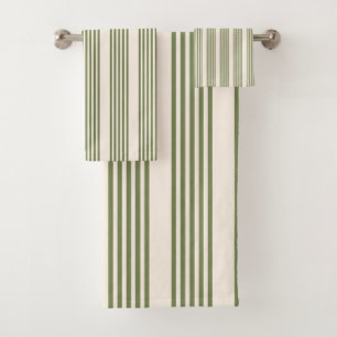 Olive green and beige five stripes pattern bath towel set