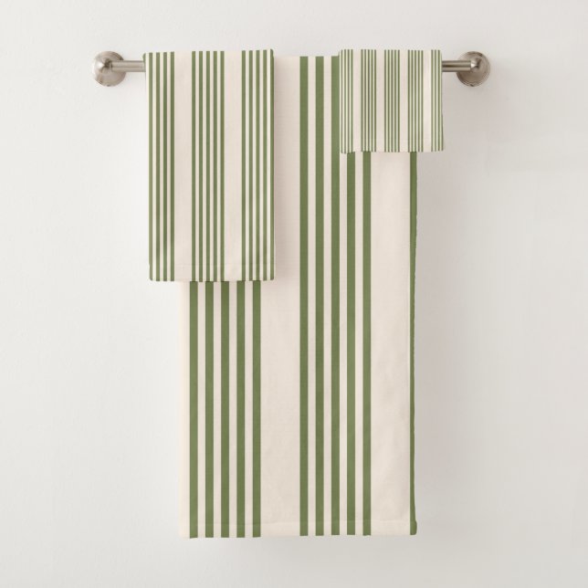 Olive green and beige five stripes pattern bath towel set (Insitu)
