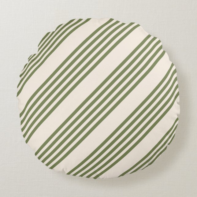 Olive green and beige five stripes pattern round pillow (Front)