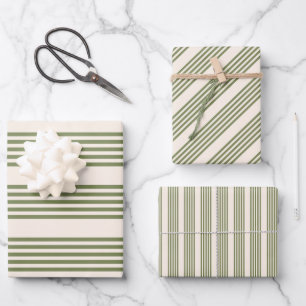 Olive green and beige five stripes pattern wrapping paper sheets
