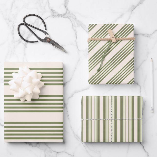Olive green and beige five stripes pattern wrapping paper sheets (Front)