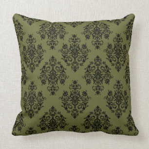 Olive Green and Black Damask Pattern Throw Pillow
