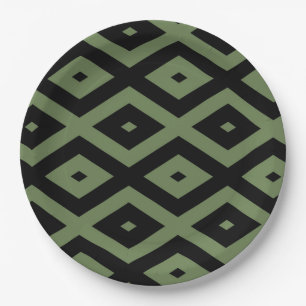 Olive green and black diamond pattern paper plates