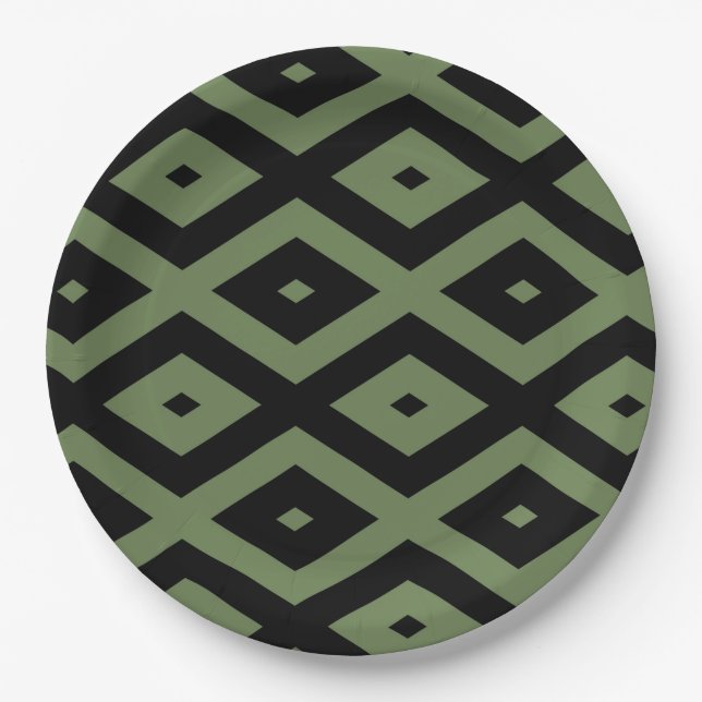 Olive green and black diamond pattern paper plates (Front)