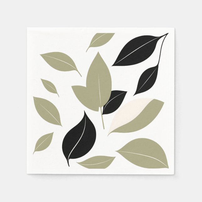 Olive Green and Black Leaf Scatter Modern  Napkins (Front)
