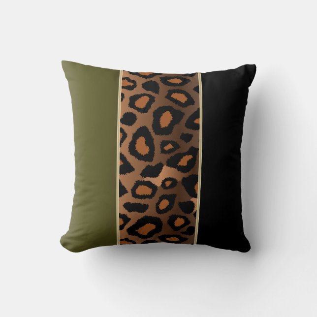 Olive Green and Black Leopard Animal Pattern Throw Pillow (Front)