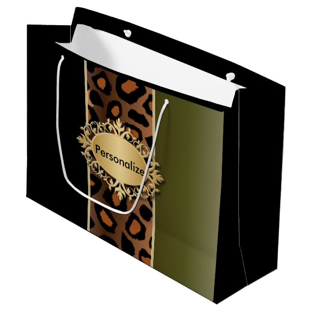 Olive Green and Black Leopard Pattern Large Gift Bag (Front Angled)