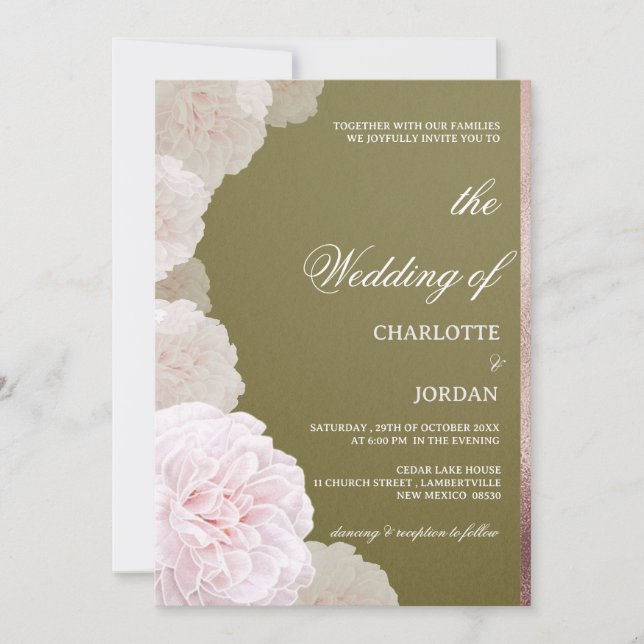 Olive Green And Blush Pink Peony Wedding Invitation (Front)
