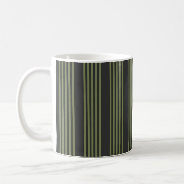 Olive green and charcoal five stripes pattern coffee mug (Left)