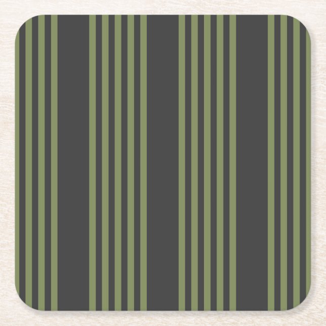 Olive green and charcoal five stripes pattern square paper coaster (Front)