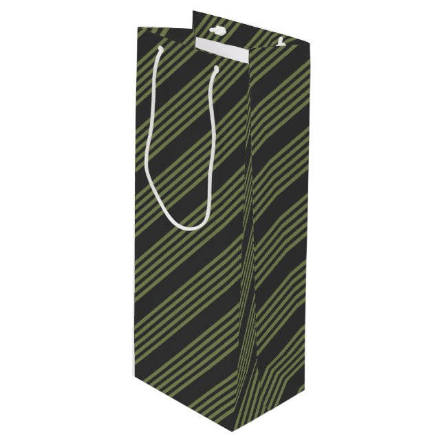 Olive green and charcoal five stripes pattern wine gift bag (Front Angled)