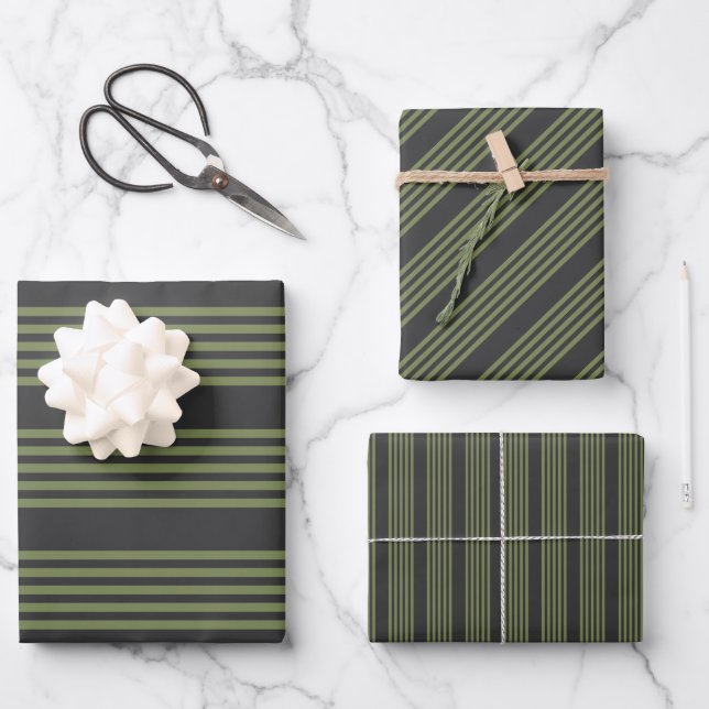 Olive green and charcoal five stripes pattern wrapping paper sheets (Front)