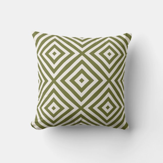 Olive Green and Cream Diamond Geometric Pattern Throw Pillow (Front)