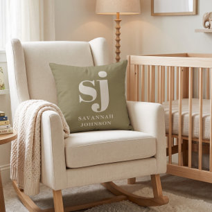 Olive green and cream monogram initials  throw pillow