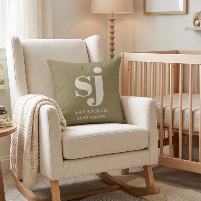 Olive green and cream monogram initials  throw pillow (Creator Uploaded)