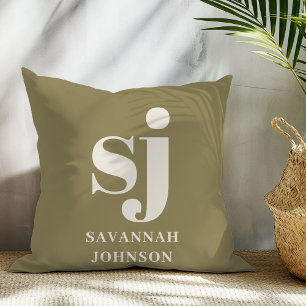 Olive green and cream monogram initials  throw pillow