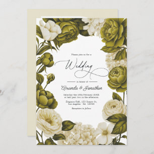 Olive Green and Cream Watercolor Floral Wedding Invitation