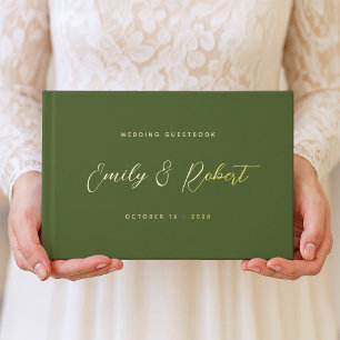 Olive Green and Gold Elegant Script Wedding Foil Guest Book