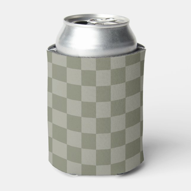 Olive Green and Gray Checkered Pattern Design Can Cooler (Can Front)