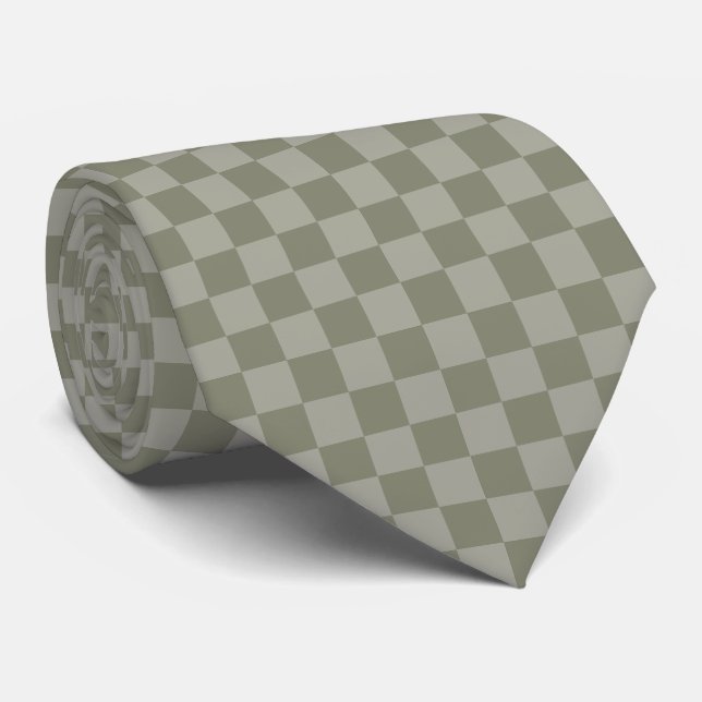 Olive Green and Gray Checkered Pattern Design Neck Tie (Rolled)