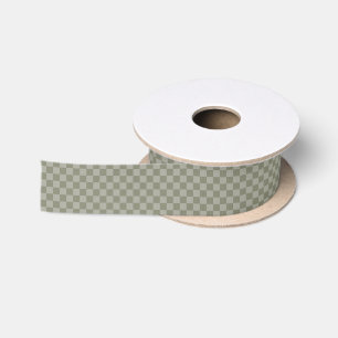 Olive Green and Gray Checkered Pattern Design Satin Ribbon