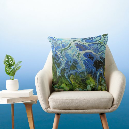 Olive Green and Ice Blue Swirl Throw Pillow