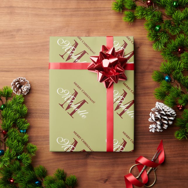 Olive green and maroon red monogrammed Christmas Wrapping Paper (Holiday Gift)