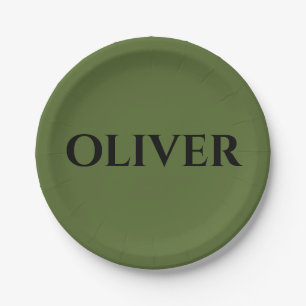 Olive Green and Minimalist Black Name   Paper Plates