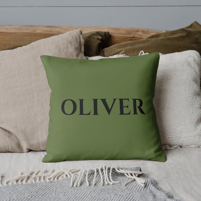 Olive Green and Minimalist Black Name   Throw Pillow (Creator Uploaded)