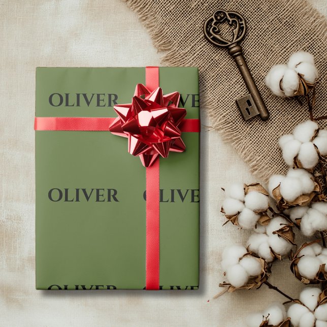 Olive Green and Minimalist Black Name   Wrapping Paper (Creator Uploaded)
