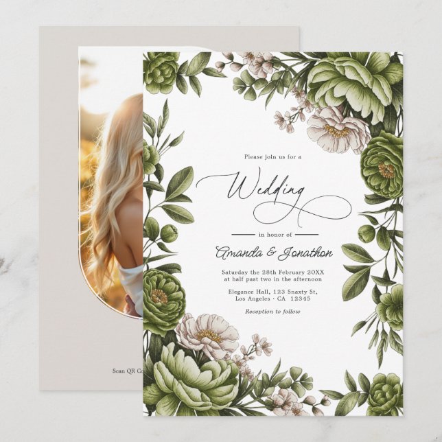 Olive Green and Neutral Floral Wedding QR Code Invitation (Front/Back)