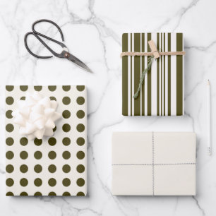 Olive Green and Old Lace Polka Dots and Stripes Wrapping Paper Sheets