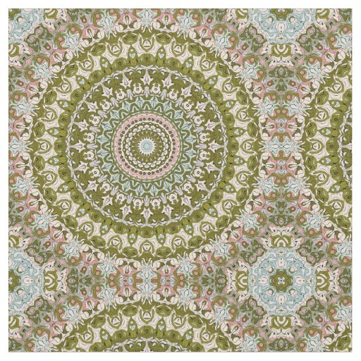 Olive Green and Pastel Mandala Pattern Fabric