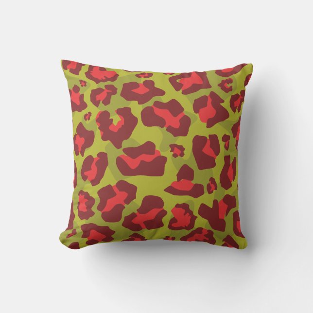Olive green and red leopard print throw pillow (Front)
