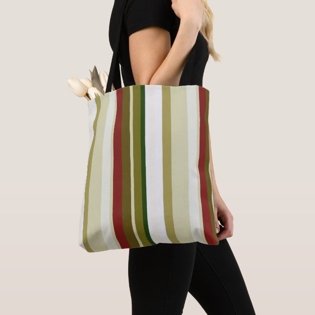 Olive, green and red Stripes Tote Bag (Close Up)