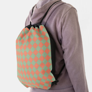 Olive Green and Salmon Pink Checker Diamond Patter Drawstring Bag