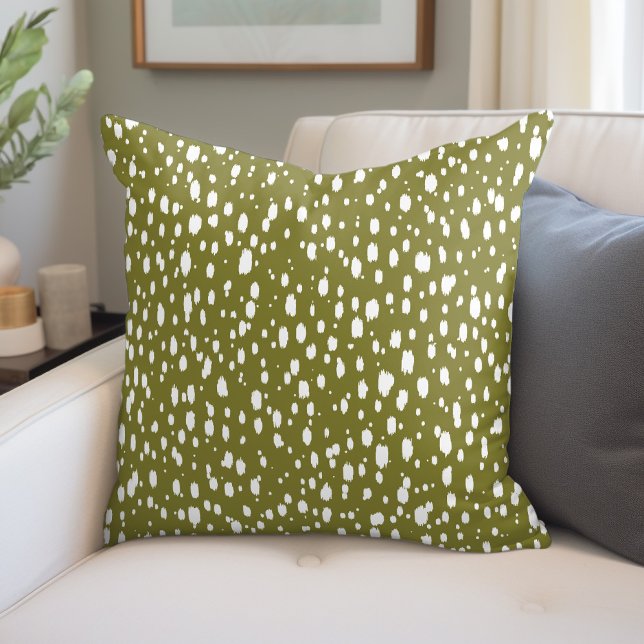 Olive Green and White Abstract Scattered Dots Throw Pillow (Creator Uploaded)