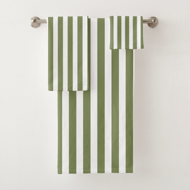 Olive green and white candy stripes bath towel set (Insitu)