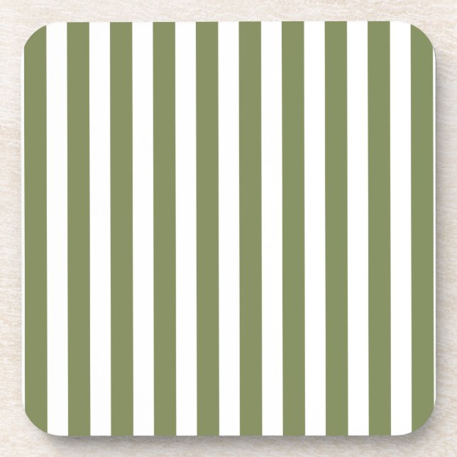 Olive green and white candy stripes beverage coaster (Front)