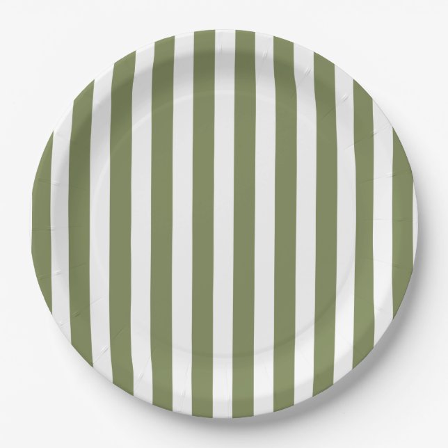 Olive green and white candy stripes paper plates (Front)