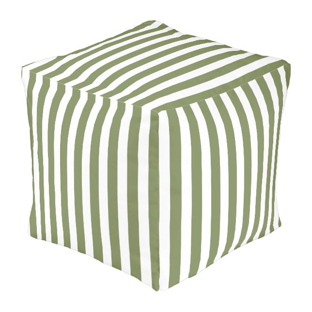 Olive green and white candy stripes pouf (Angled Front)