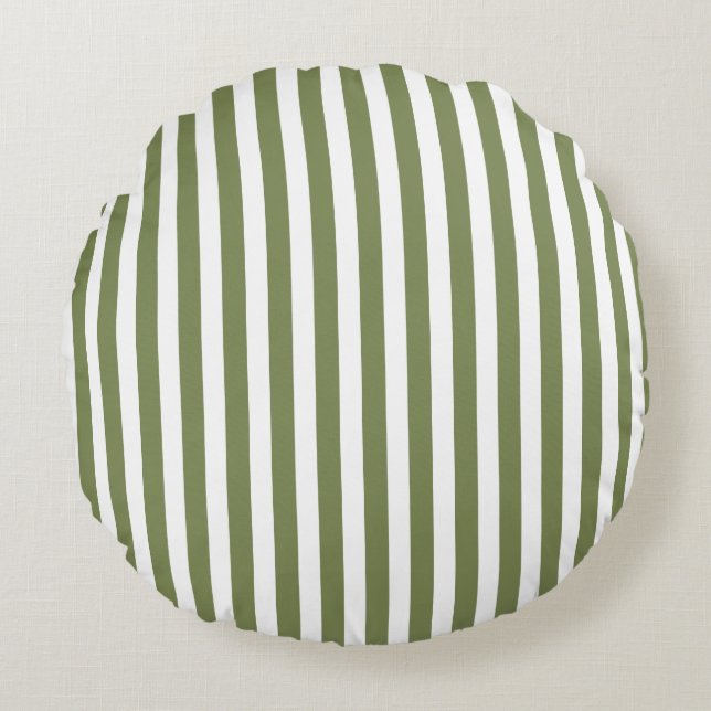 Olive green and white candy stripes round pillow (Front)