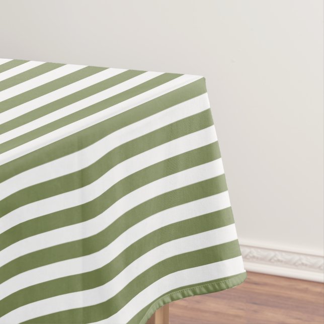 Olive green and white candy stripes tablecloth (In Situ)
